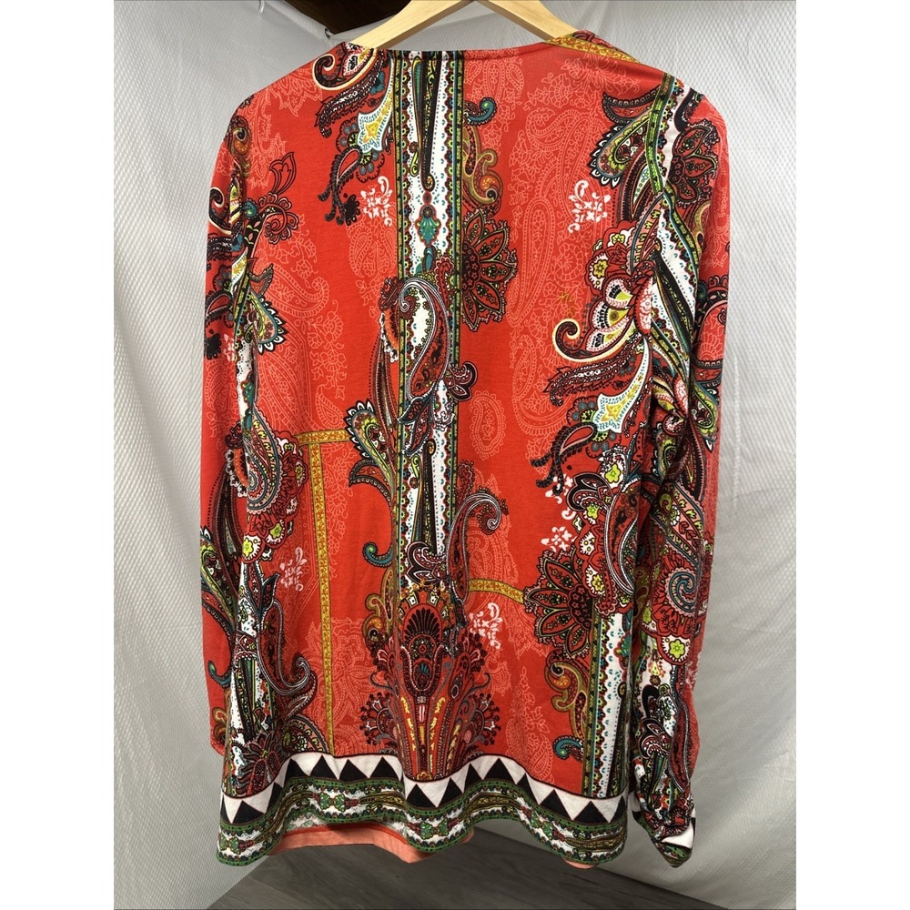 ECI Paisley Tunic Blouse Women XL Red Beaded Medallion Ruched Sleeve Excellent - Picture 5 of 7